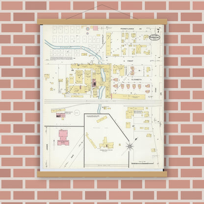 Old map wall art mockup — magnetic wood frame on brick wall — Sanborn Fire Insurance Map from Dowagiac, Cass County, Michigan (1908), Sheet #0007