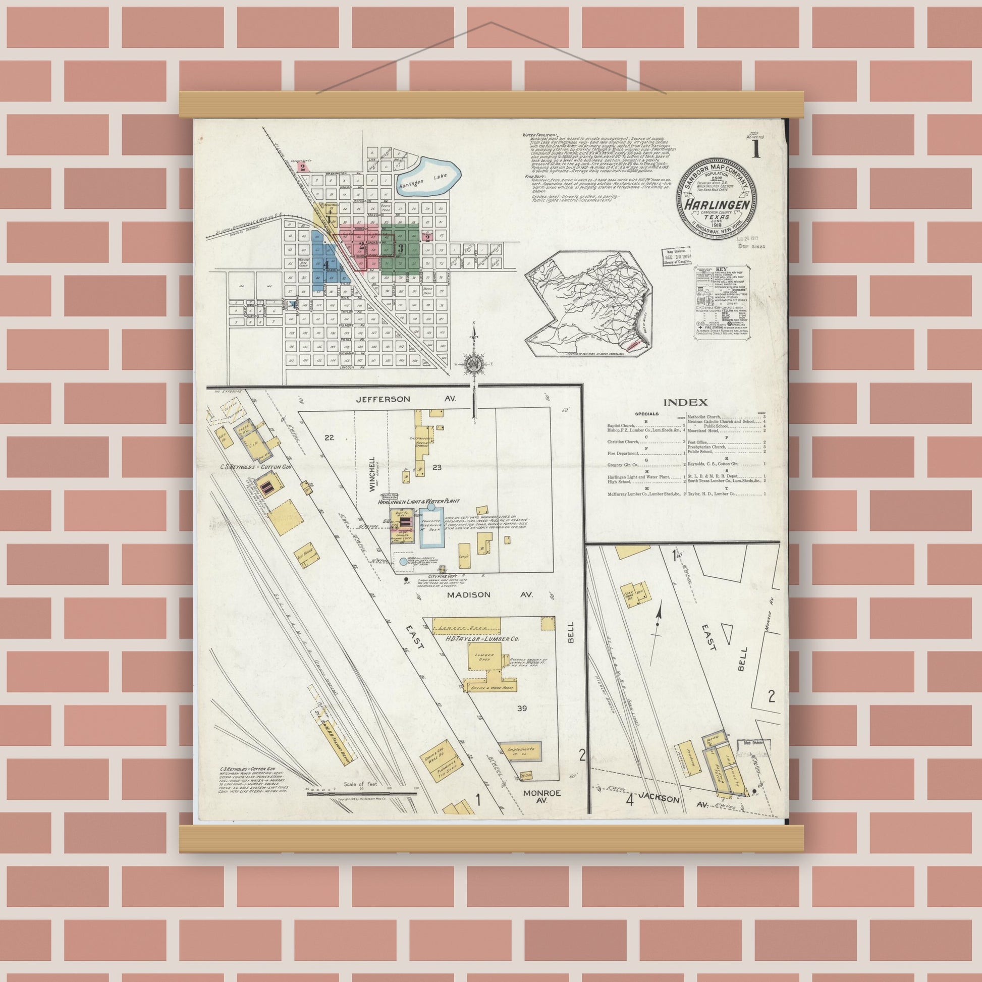 Old map wall art mockup — magnetic wood frame on brick wall — Sanborn Fire Insurance Map from Harlingen, Cameron County, Texas (1919), Sheet #0001