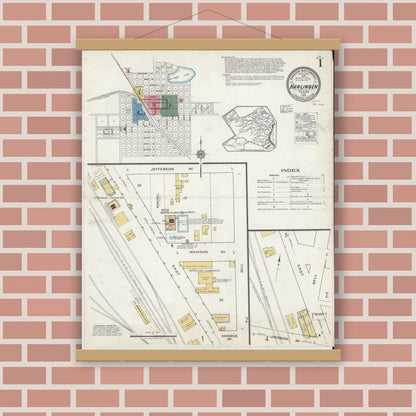 Old map wall art mockup — magnetic wood frame on brick wall — Sanborn Fire Insurance Map from Harlingen, Cameron County, Texas (1919), Sheet #0001