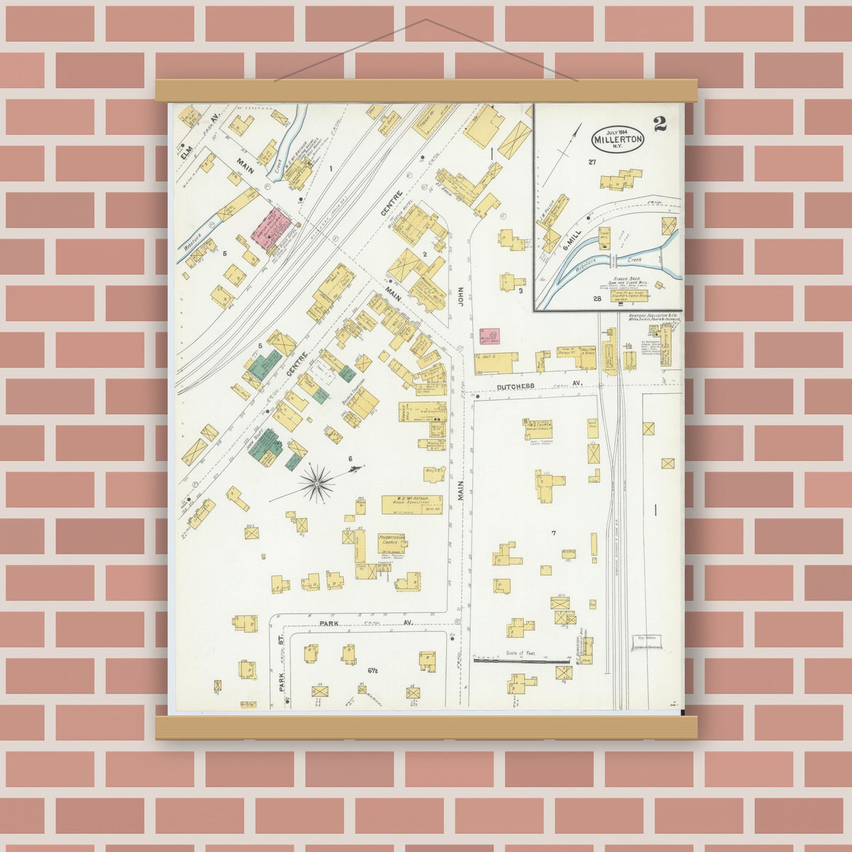 Old map wall art mockup — magnetic wood frame on brick wall — Sanborn Fire Insurance Map from Millerton, Dutchess County, New York (1904), Sheet #0002