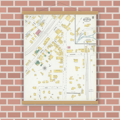 Old map wall art mockup — magnetic wood frame on brick wall — Sanborn Fire Insurance Map from Millerton, Dutchess County, New York (1904), Sheet #0002