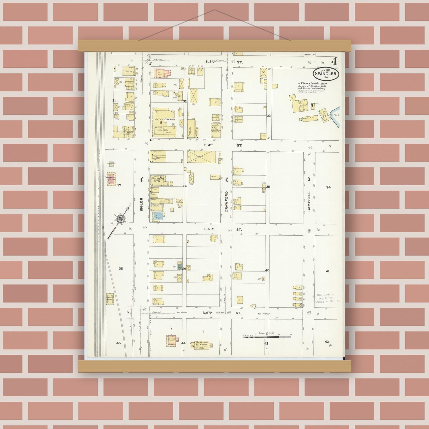 Old map wall art mockup — magnetic wood frame on brick wall — Sanborn Fire Insurance Map from Spangler, Cambria County, Pennsylvania (1910), Sheet #0004