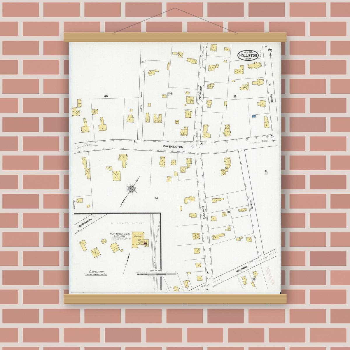 Old map wall art mockup — magnetic wood frame on brick wall — Sanborn Fire Insurance Map from Holliston, Middlesex County, Massachusetts (1919), Sheet #0007