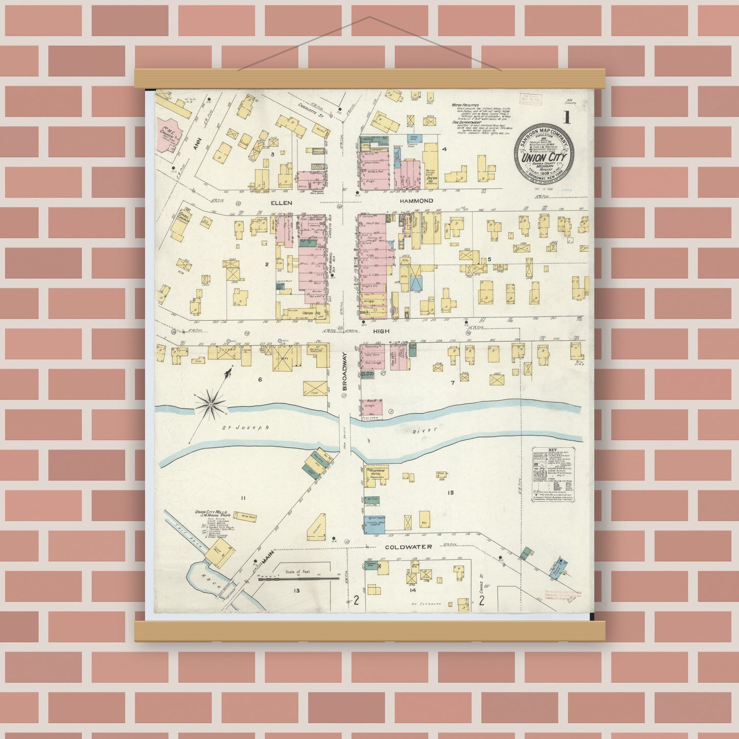 Old map wall art mockup — magnetic wood frame on brick wall — Sanborn Fire Insurance Map from Union City, Branch And Calhoun Counties, Michigan (1909) - Complete Map Set