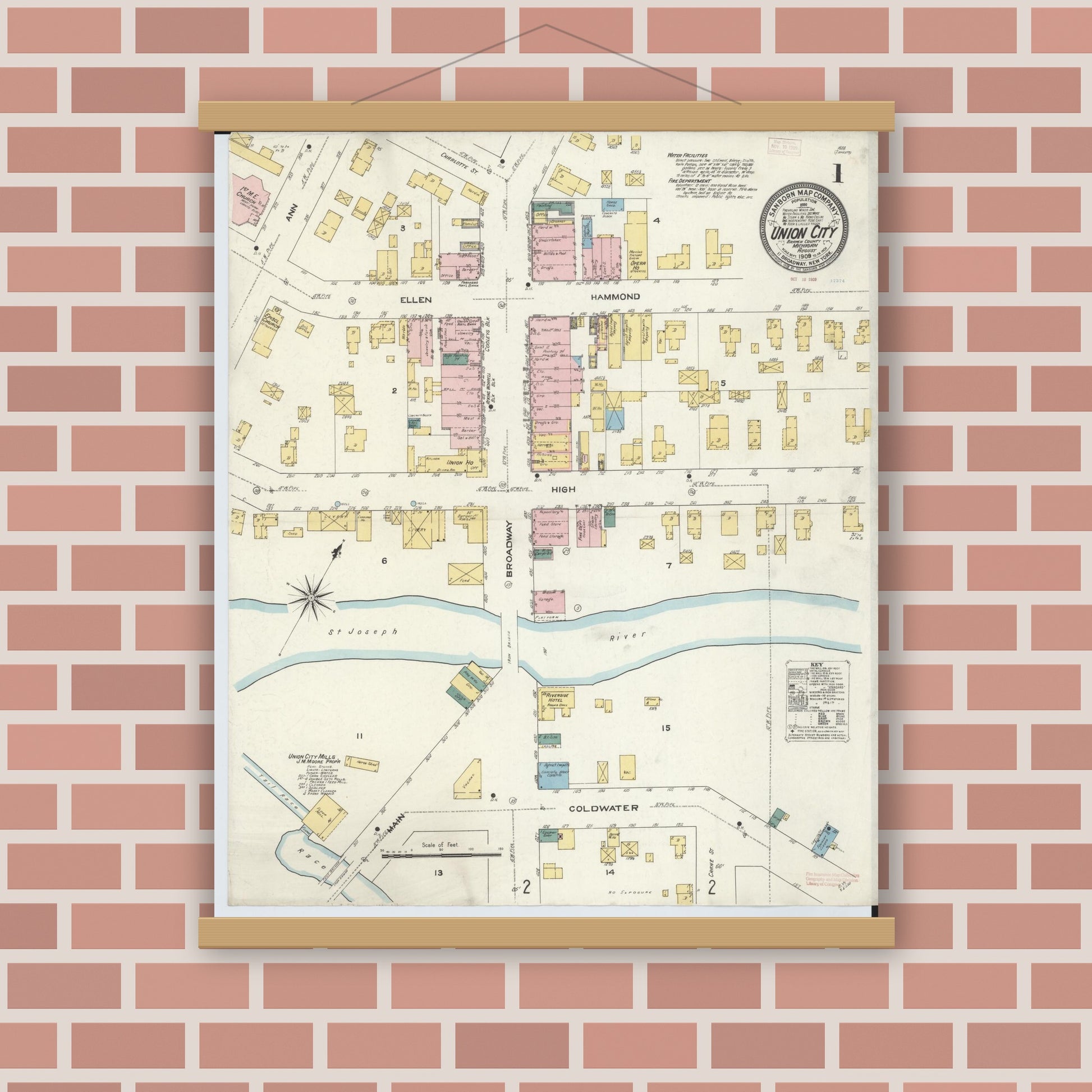 Old map wall art mockup — magnetic wood frame on brick wall — Sanborn Fire Insurance Map from Union City, Branch And Calhoun Counties, Michigan (1909) - Complete Map Set