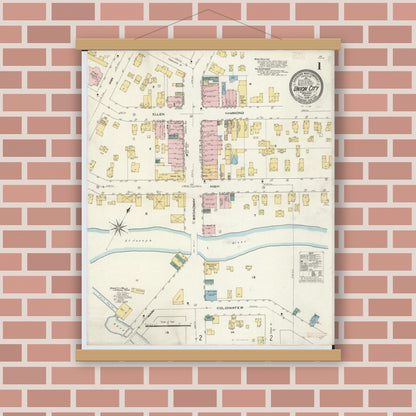 Old map wall art mockup — magnetic wood frame on brick wall — Sanborn Fire Insurance Map from Union City, Branch And Calhoun Counties, Michigan (1909) - Complete Map Set