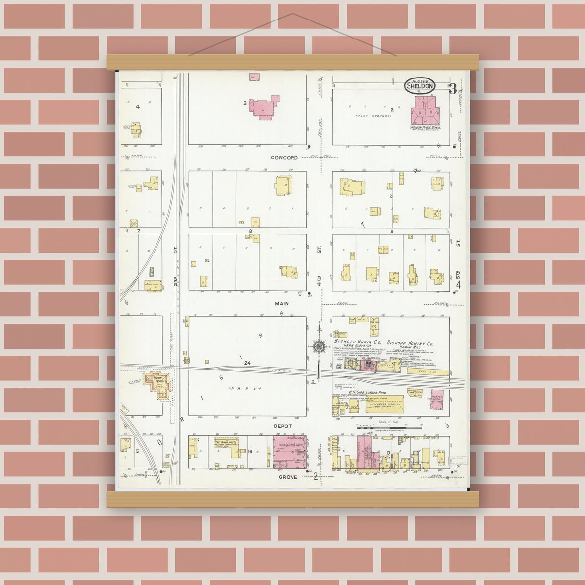 Old map wall art mockup — magnetic wood frame on brick wall — Sanborn Fire Insurance Map from Sheldon, Iroquois County, Illinois (1919), Sheet #0003