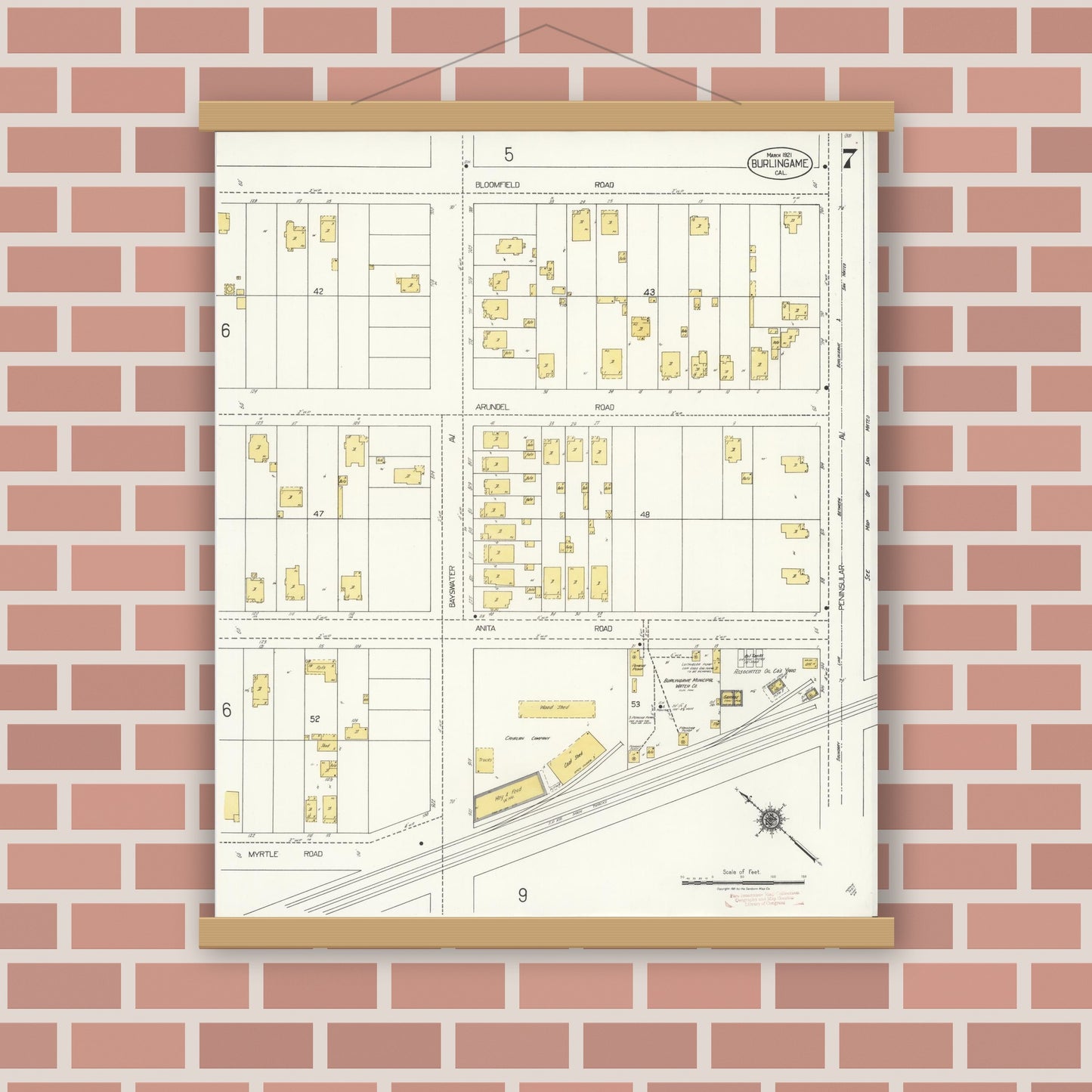 Old map wall art mockup — magnetic wood frame on brick wall — Sanborn Fire Insurance Map from Burlingame, San Mateo County, California (1921), Sheet #0007