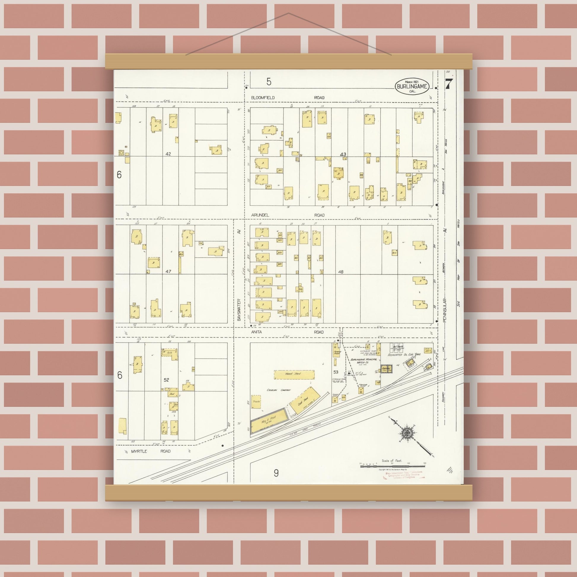 Old map wall art mockup — magnetic wood frame on brick wall — Sanborn Fire Insurance Map from Burlingame, San Mateo County, California (1921), Sheet #0007
