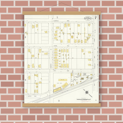 Old map wall art mockup — magnetic wood frame on brick wall — Sanborn Fire Insurance Map from Burlingame, San Mateo County, California (1921), Sheet #0007
