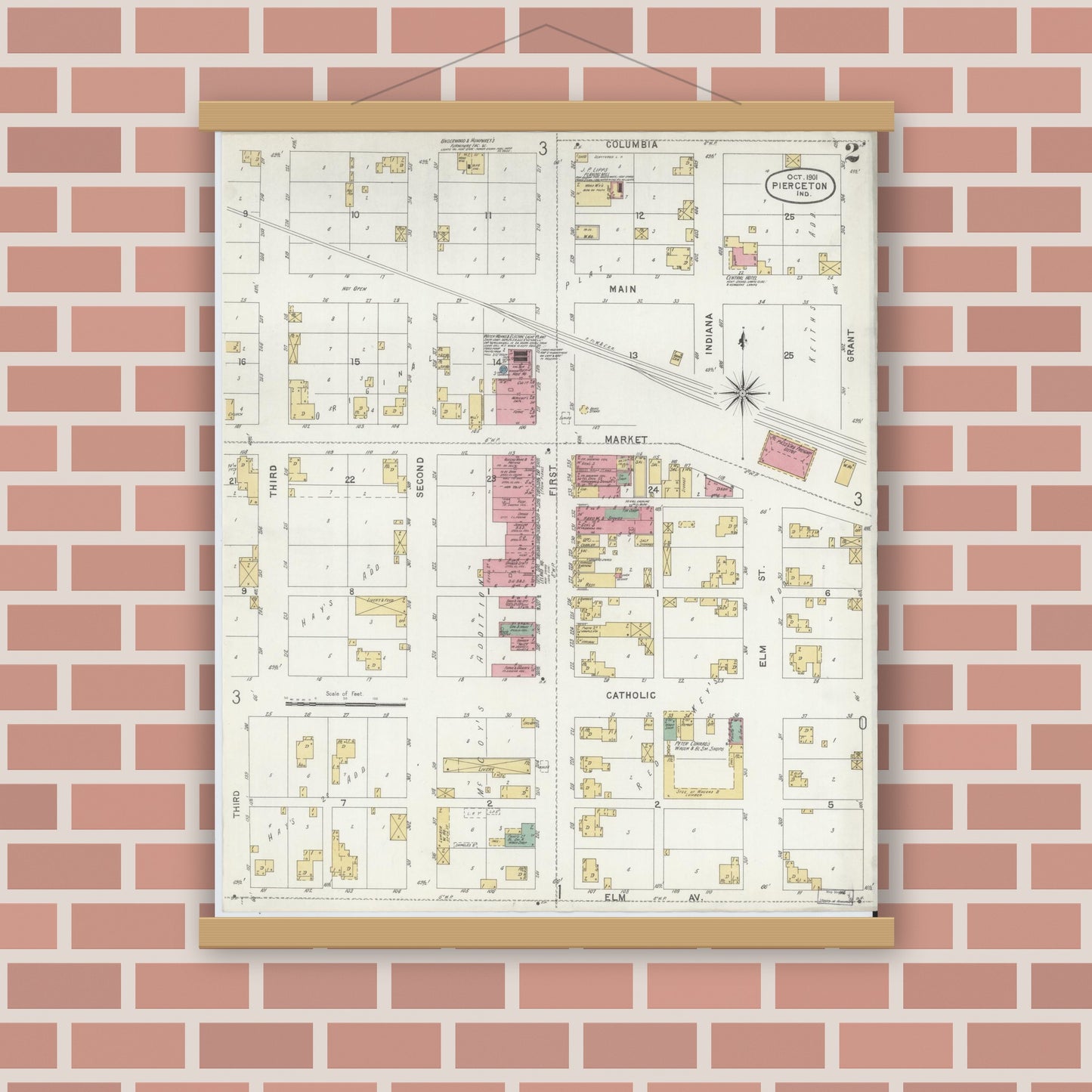 Old map wall art mockup — magnetic wood frame on brick wall — Sanborn Fire Insurance Map from Pierceton, Kosciusko County, Indiana (1901), Sheet #0002
