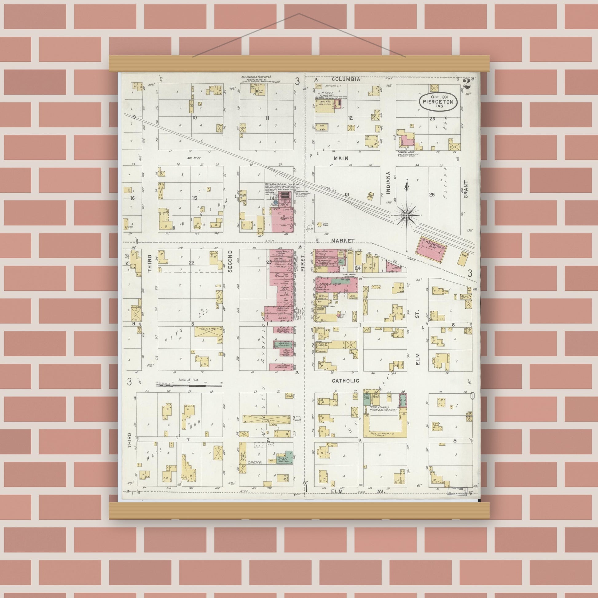 Old map wall art mockup — magnetic wood frame on brick wall — Sanborn Fire Insurance Map from Pierceton, Kosciusko County, Indiana (1901), Sheet #0002