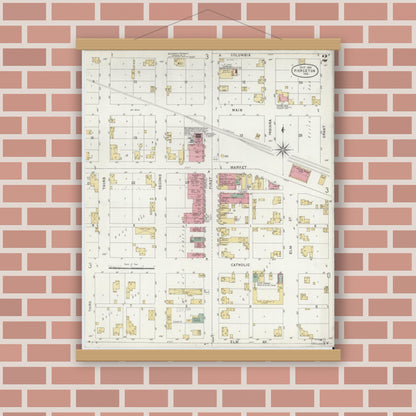 Old map wall art mockup — magnetic wood frame on brick wall — Sanborn Fire Insurance Map from Pierceton, Kosciusko County, Indiana (1901), Sheet #0002