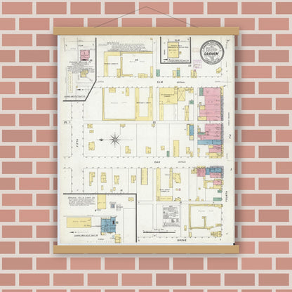 Old map wall art mockup — magnetic wood frame on brick wall — Sanborn Fire Insurance Map from Graham, Young County, Texas (1908), Sheet #0001