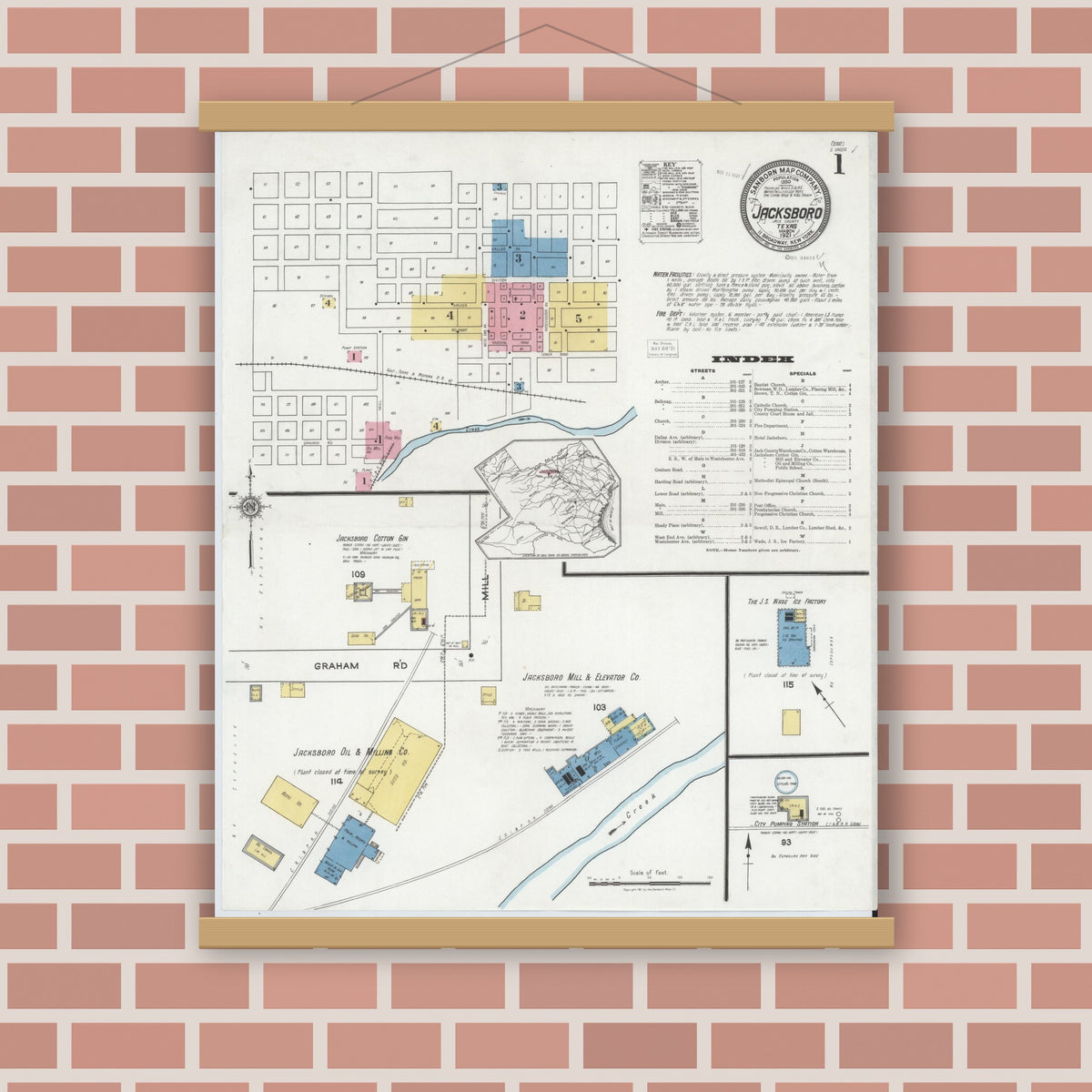 Old map wall art mockup — magnetic wood frame on brick wall — Sanborn Fire Insurance Map from Jacksboro, Jack County, Texas (1921) - Complete Map Set