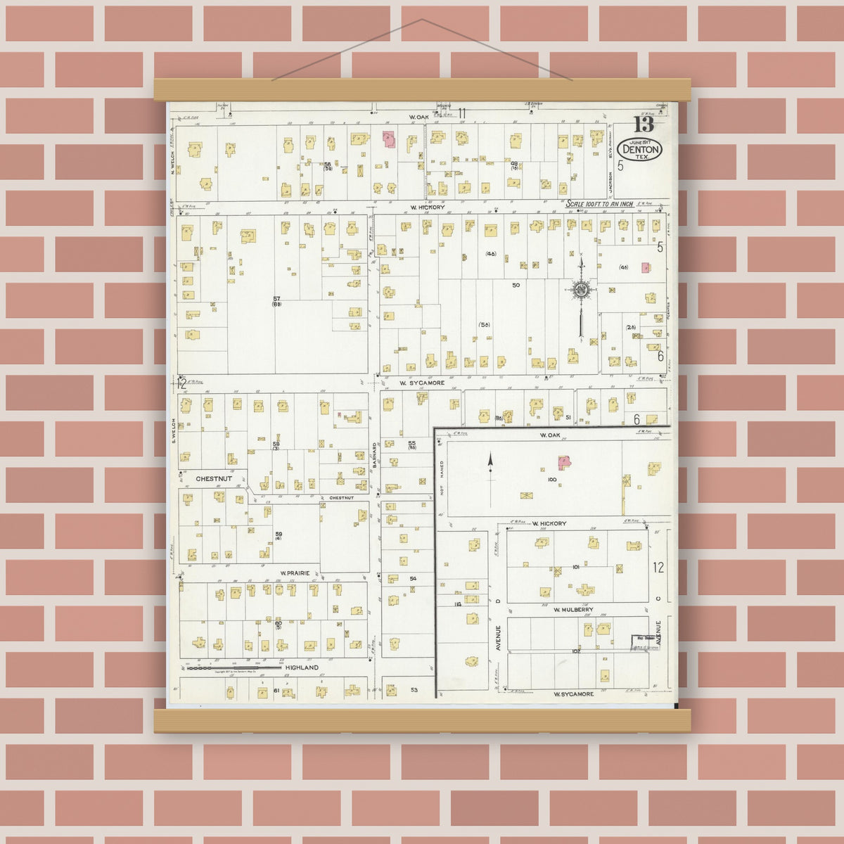 Old map wall art mockup — magnetic wood frame on brick wall — Sanborn Fire Insurance Map from Denton, Denton County, Texas (1917), Sheet #0013