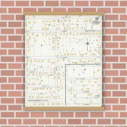 Old map wall art mockup — magnetic wood frame on brick wall — Sanborn Fire Insurance Map from Denton, Denton County, Texas (1917), Sheet #0013