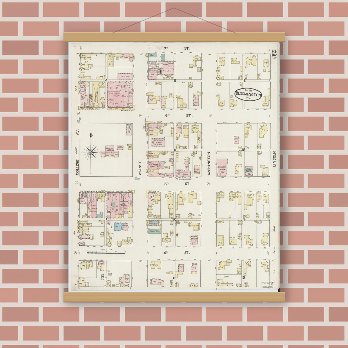 Old map wall art mockup — magnetic wood frame on brick wall — Sanborn Fire Insurance Map from Bloomington, Monroe County, Indiana (1887), Sheet #0002