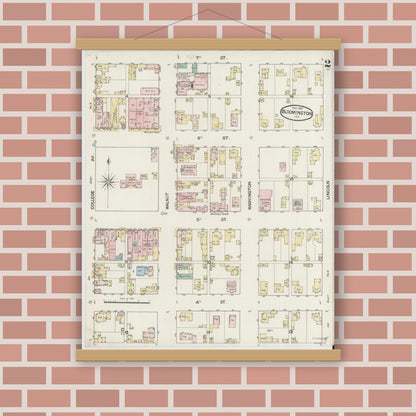 Old map wall art mockup — magnetic wood frame on brick wall — Sanborn Fire Insurance Map from Bloomington, Monroe County, Indiana (1887), Sheet #0002
