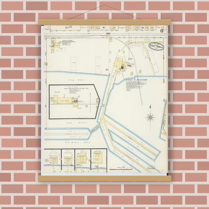 Old map wall art mockup — magnetic wood frame on brick wall — Sanborn Fire Insurance Map from East Tawas, Iosco County, Michigan (1890), Sheet #0006