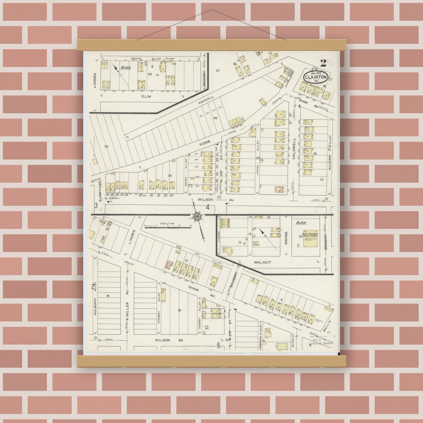 Old map wall art mockup — magnetic wood frame on brick wall — Sanborn Fire Insurance Map from Clairton, Allegheny County, Pennsylvania (1915), Sheet #0002