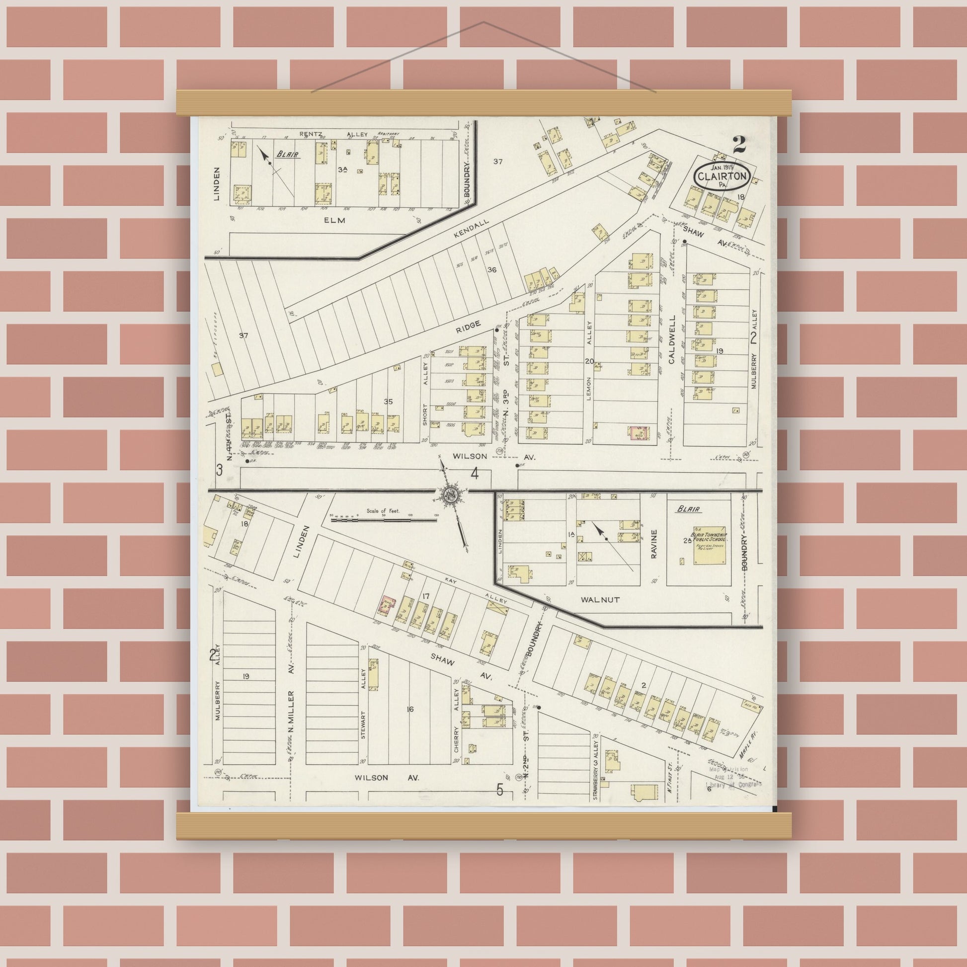 Old map wall art mockup — magnetic wood frame on brick wall — Sanborn Fire Insurance Map from Clairton, Allegheny County, Pennsylvania (1915), Sheet #0002