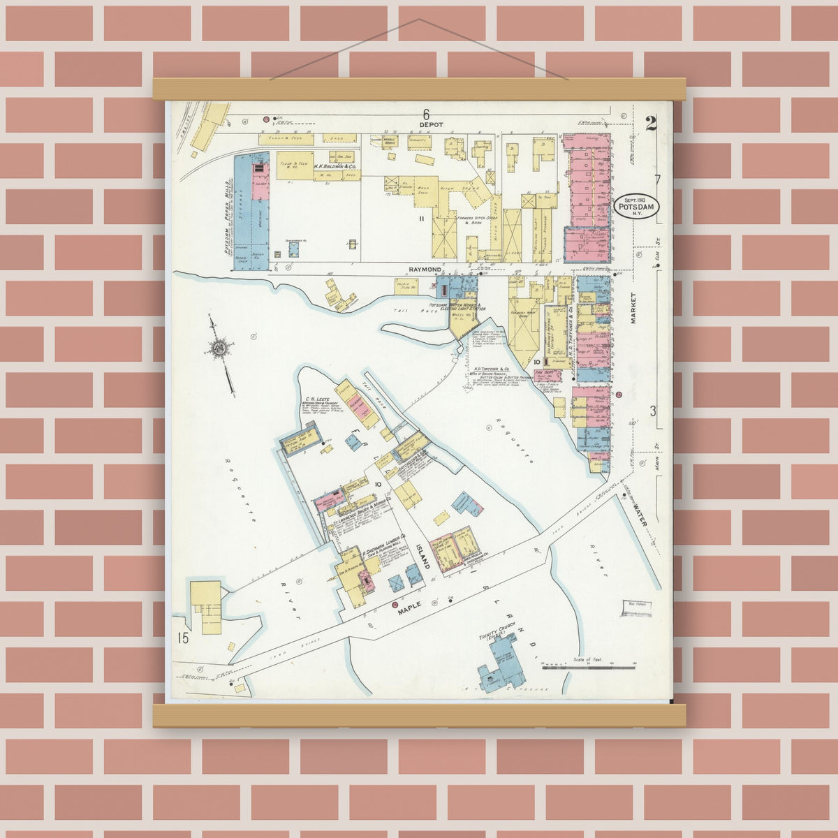 Old map wall art mockup — magnetic wood frame on brick wall — Sanborn Fire Insurance Map from Potsdam, St. Lawrence County, New York (1910) - Complete Map Set