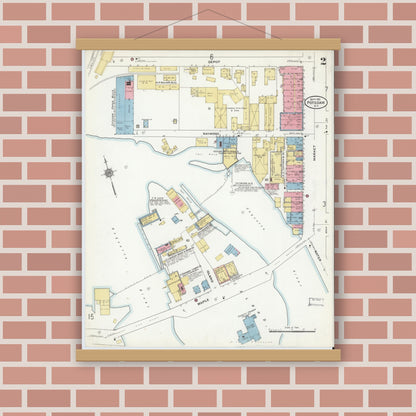 Old map wall art mockup — magnetic wood frame on brick wall — Sanborn Fire Insurance Map from Potsdam, St. Lawrence County, New York (1910) - Complete Map Set