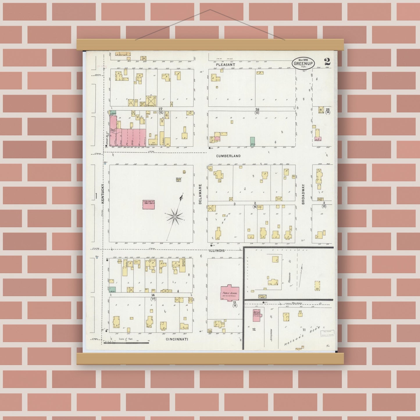 Old map wall art mockup — magnetic wood frame on brick wall — Sanborn Fire Insurance Map from Greenup, Cumberland County, Illinois (1898), Sheet #0002