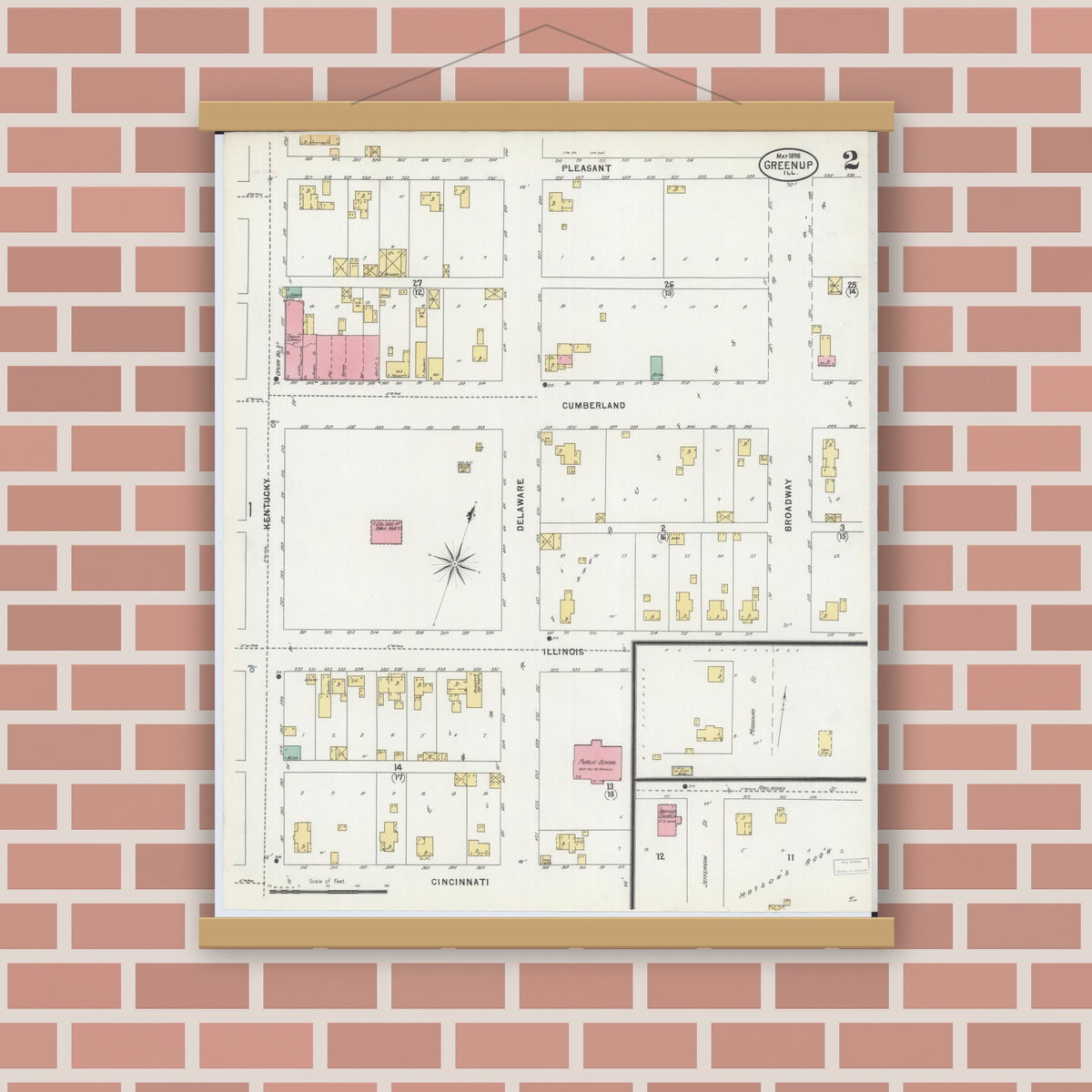 Old map wall art mockup — magnetic wood frame on brick wall — Sanborn Fire Insurance Map from Greenup, Cumberland County, Illinois (1898), Sheet #0002