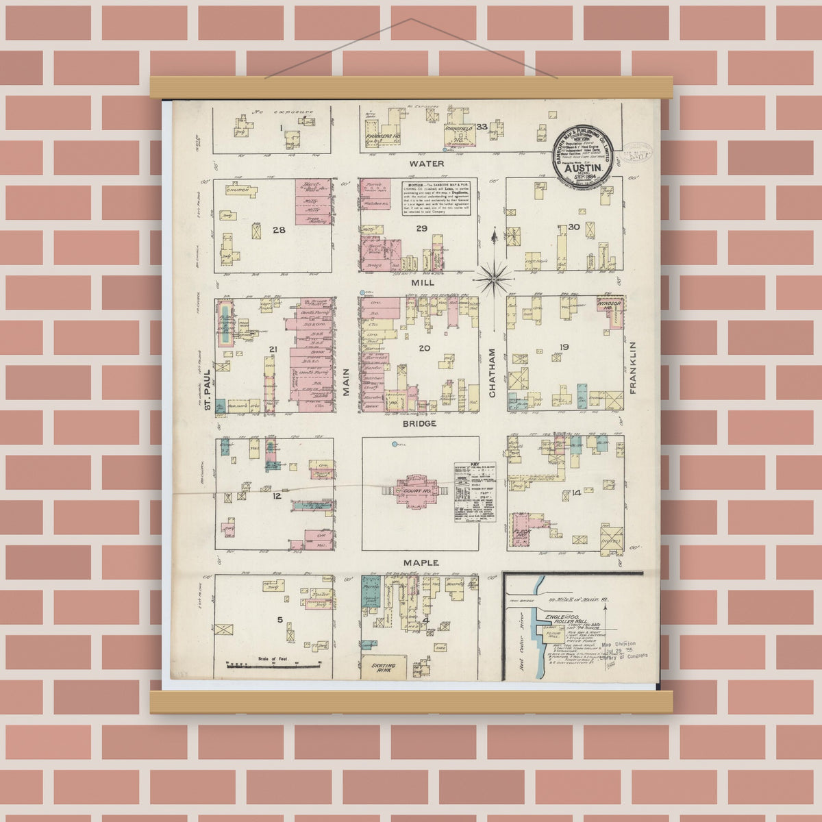 Old map wall art mockup — magnetic wood frame on brick wall — Sanborn Fire Insurance Map from Austin, Mower County, Minnesota (1884), Sheet #0001