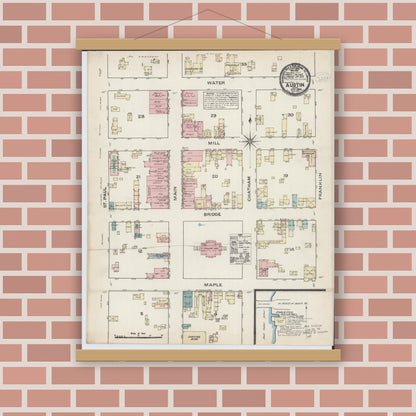 Old map wall art mockup — magnetic wood frame on brick wall — Sanborn Fire Insurance Map from Austin, Mower County, Minnesota (1884), Sheet #0001