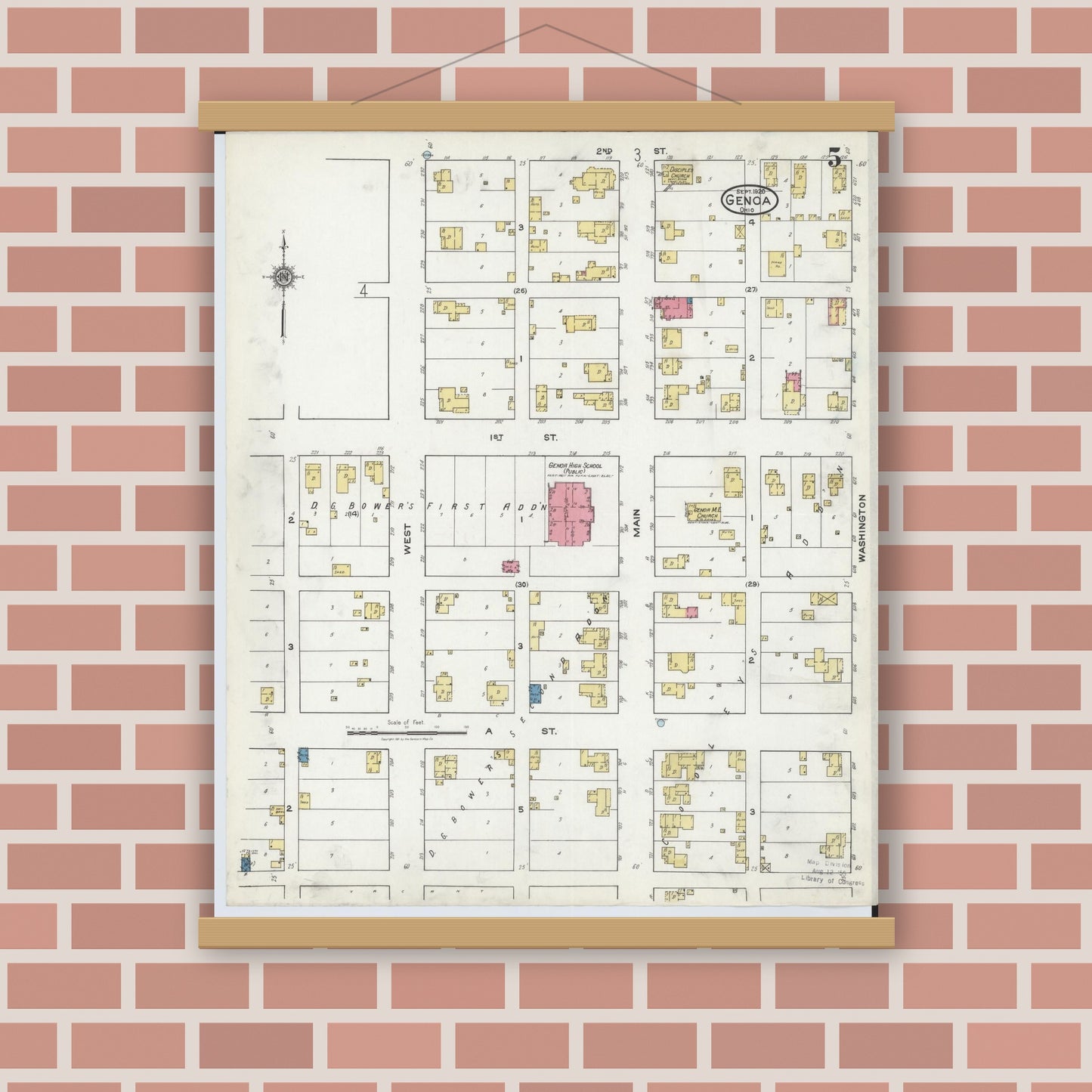 Old map wall art mockup — magnetic wood frame on brick wall — Sanborn Fire Insurance Map from Genoa, Ottawa County, Ohio (1920), Sheet #0005