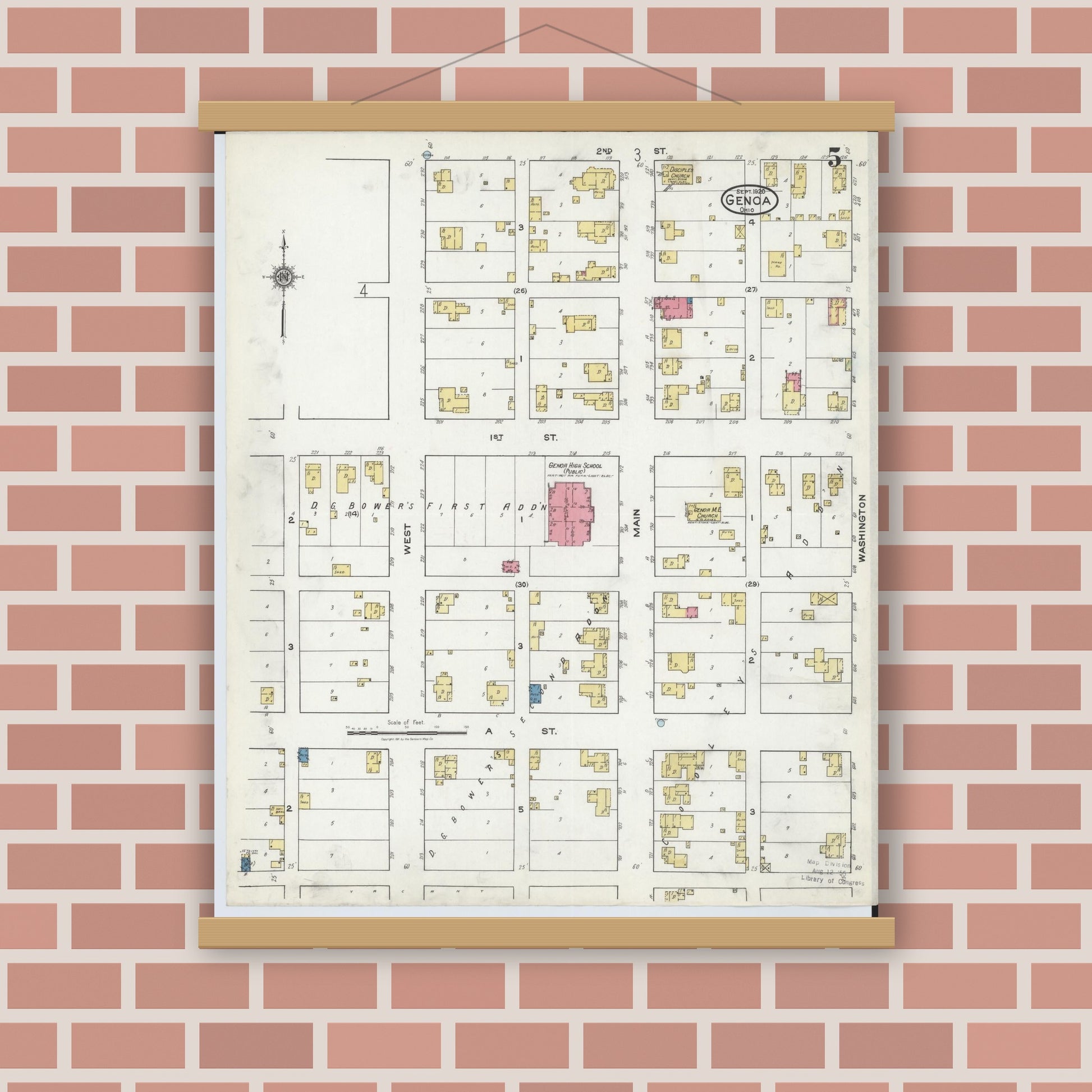Old map wall art mockup — magnetic wood frame on brick wall — Sanborn Fire Insurance Map from Genoa, Ottawa County, Ohio (1920), Sheet #0005