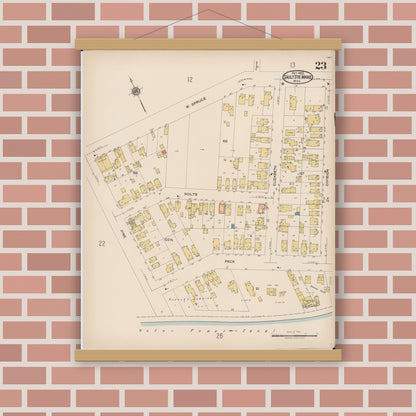 Old map wall art mockup — magnetic wood frame on brick wall — Sanborn Fire Insurance Map from Sault Sainte Marie, Chippewa County, Michigan (1922), Sheet #0023