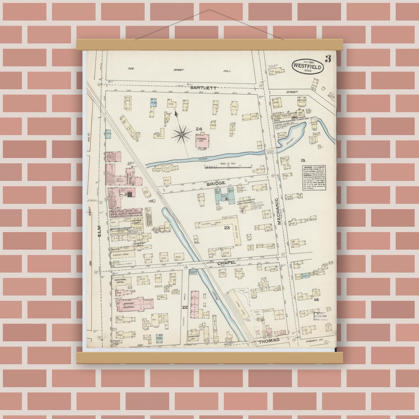 Old map wall art mockup — magnetic wood frame on brick wall — Sanborn Fire Insurance Map from Westfield, Hampden County, Massachusetts (1884), Sheet #0003