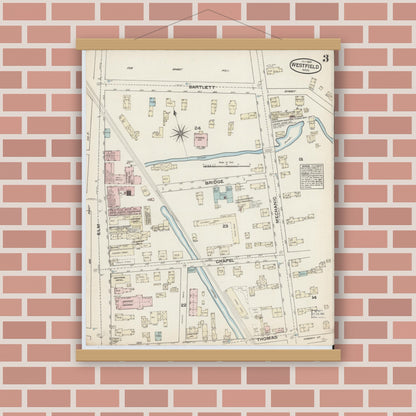 Old map wall art mockup — magnetic wood frame on brick wall — Sanborn Fire Insurance Map from Westfield, Hampden County, Massachusetts (1884), Sheet #0003