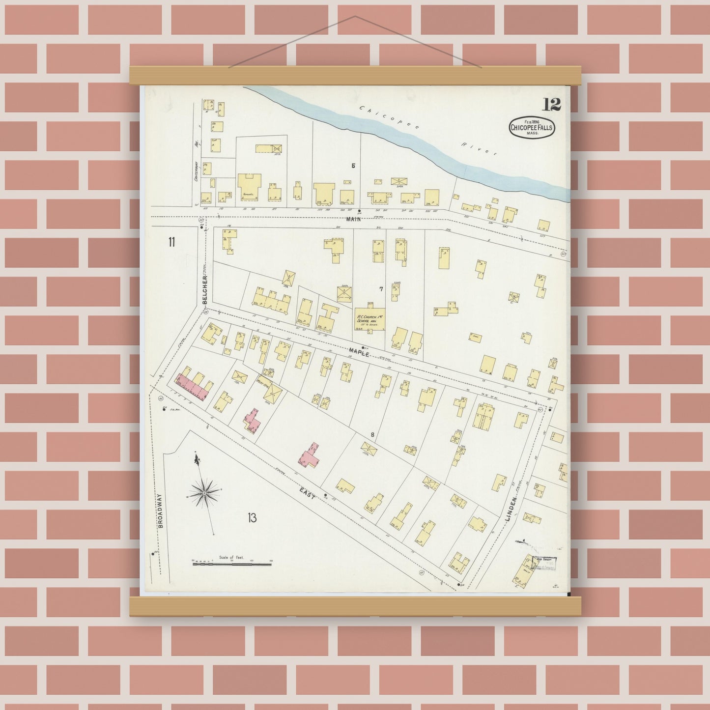 Old map wall art mockup — magnetic wood frame on brick wall — Sanborn Fire Insurance Map from Chicopee, Hampden County, Massachusetts (1896), Sheet #0012