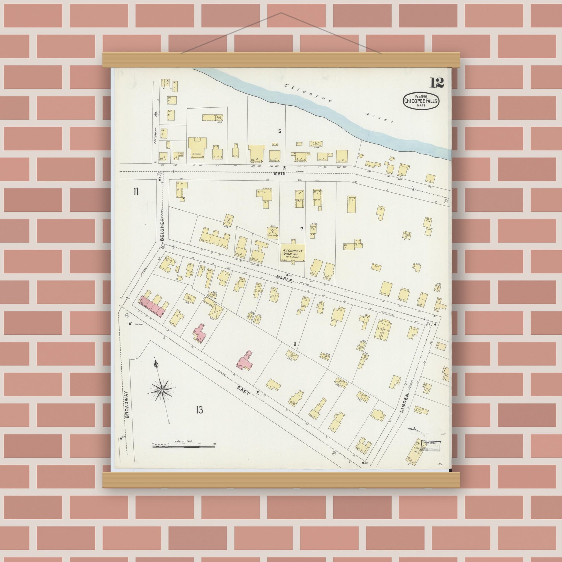 Old map wall art mockup — magnetic wood frame on brick wall — Sanborn Fire Insurance Map from Chicopee, Hampden County, Massachusetts (1896), Sheet #0012