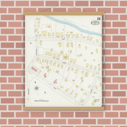 Old map wall art mockup — magnetic wood frame on brick wall — Sanborn Fire Insurance Map from Chicopee, Hampden County, Massachusetts (1896), Sheet #0012