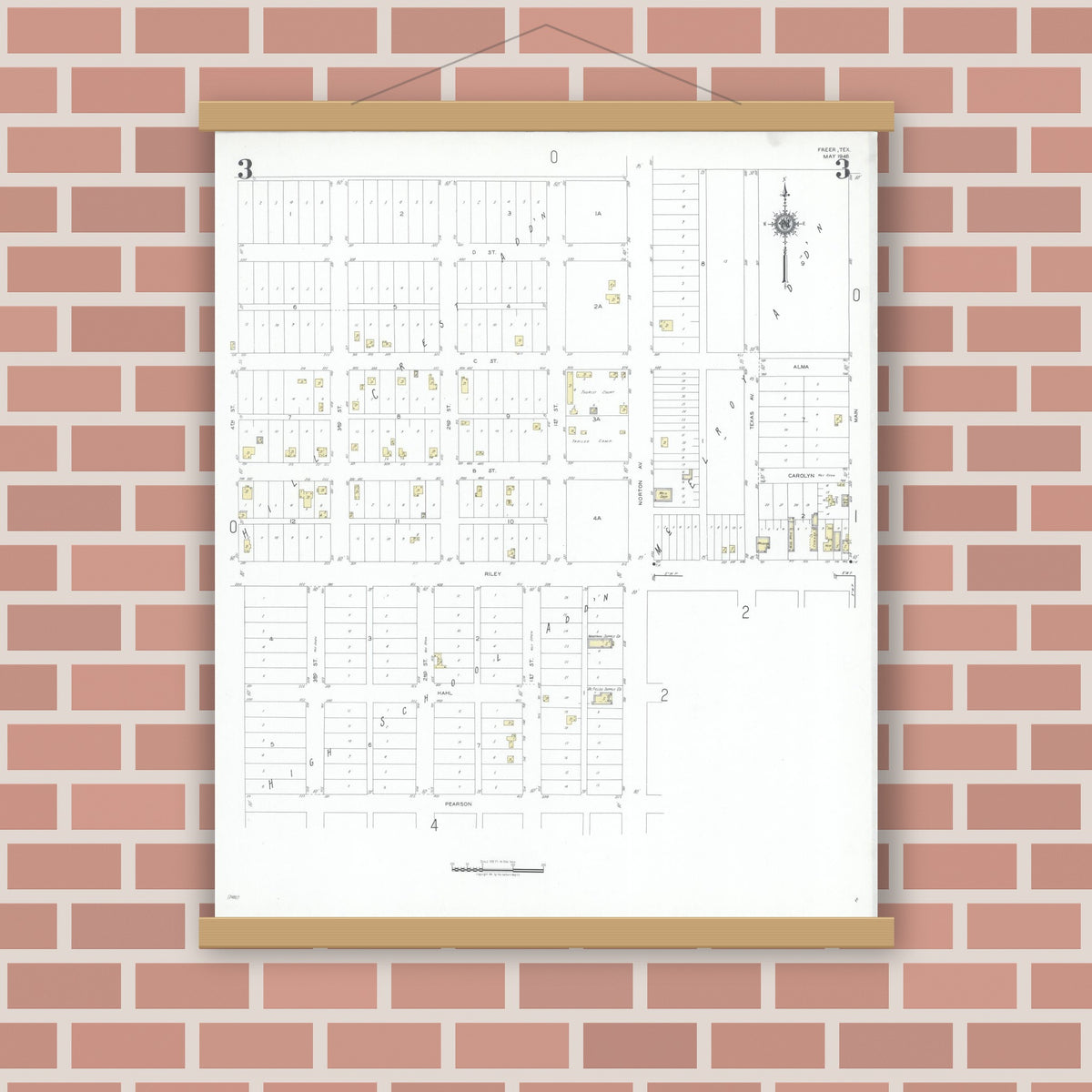Old map wall art mockup — magnetic wood frame on brick wall — Sanborn Fire Insurance Map from Freer, Duval County, Texas (1948), Sheet #0003