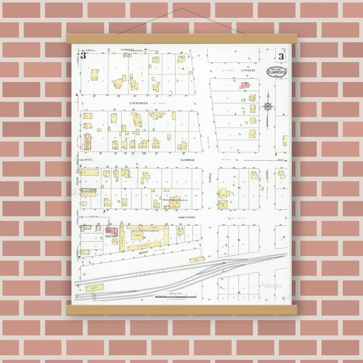 Old map wall art mockup — magnetic wood frame on brick wall — Sanborn Fire Insurance Map from Elmwood, Peoria County, Illinois (1927), Sheet #0003