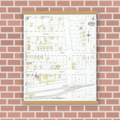 Old map wall art mockup — magnetic wood frame on brick wall — Sanborn Fire Insurance Map from Elmwood, Peoria County, Illinois (1927), Sheet #0003