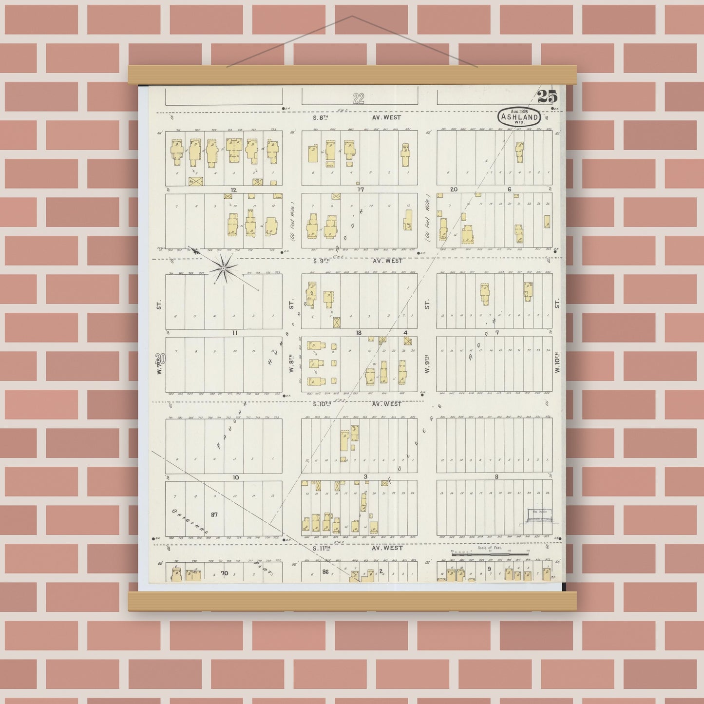 Old map wall art mockup — magnetic wood frame on brick wall — Sanborn Fire Insurance Map from Ashland, Ashland County, Wisconsin (1895), Sheet #0025