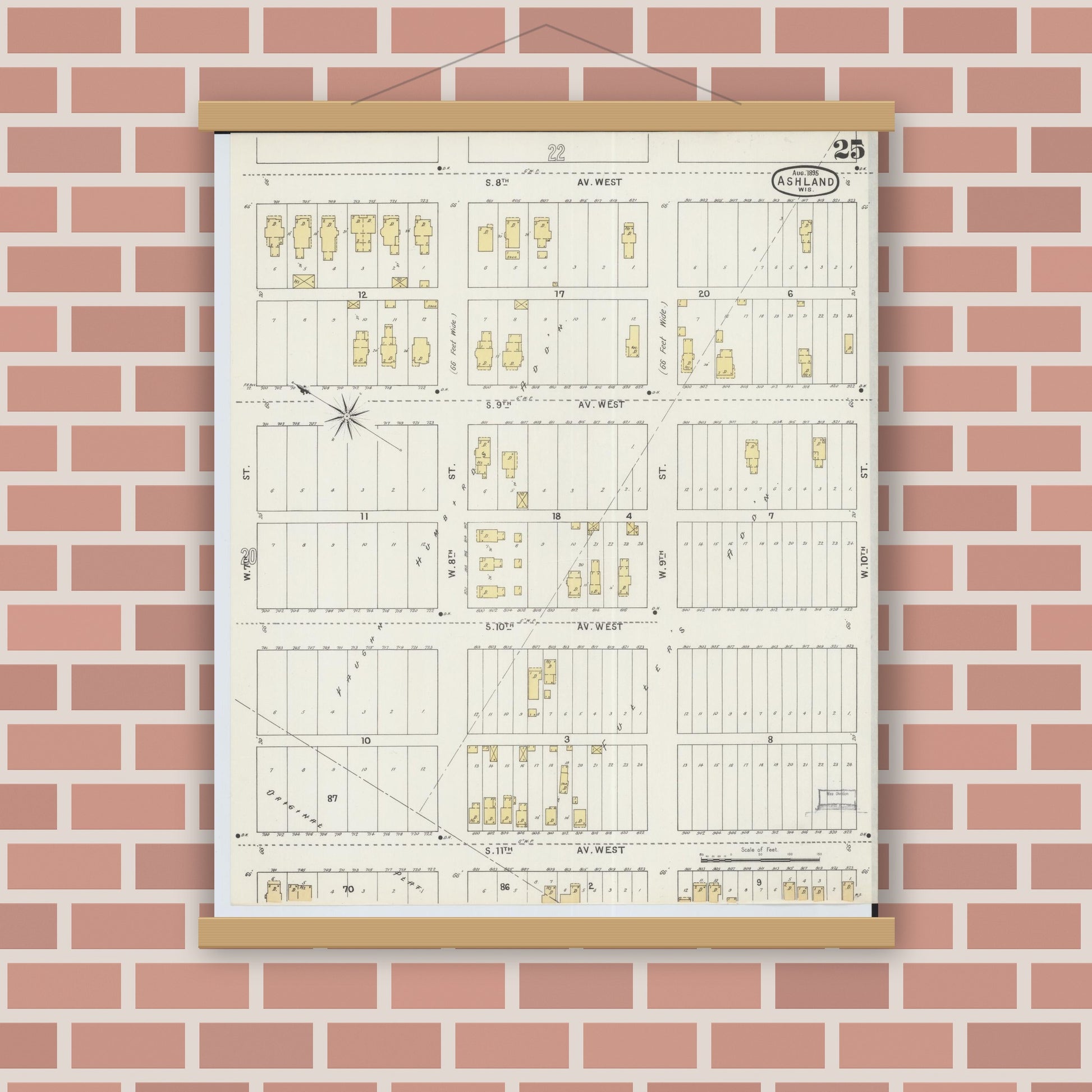 Old map wall art mockup — magnetic wood frame on brick wall — Sanborn Fire Insurance Map from Ashland, Ashland County, Wisconsin (1895), Sheet #0025