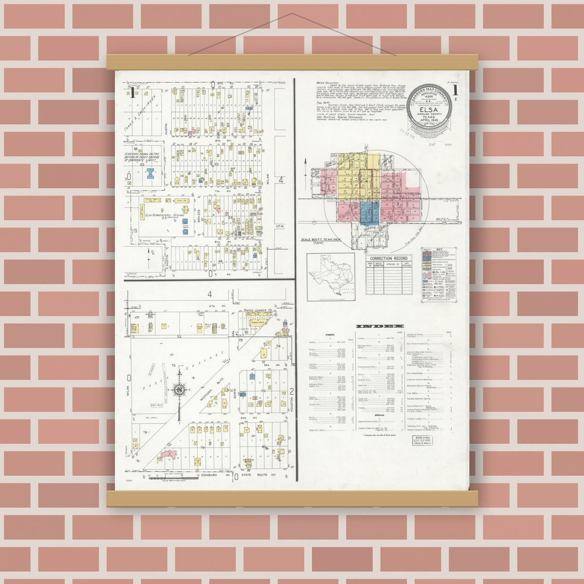 Old map wall art mockup — magnetic wood frame on brick wall — Sanborn Fire Insurance Map from Elsa, Hidalgo County, Texas (1949) - Complete Map Set