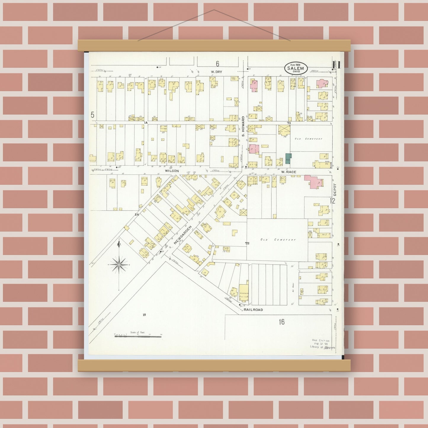 Old map wall art mockup — magnetic wood frame on brick wall — Sanborn Fire Insurance Map from Salem, Columbiana County, Ohio (1909), Sheet #0011