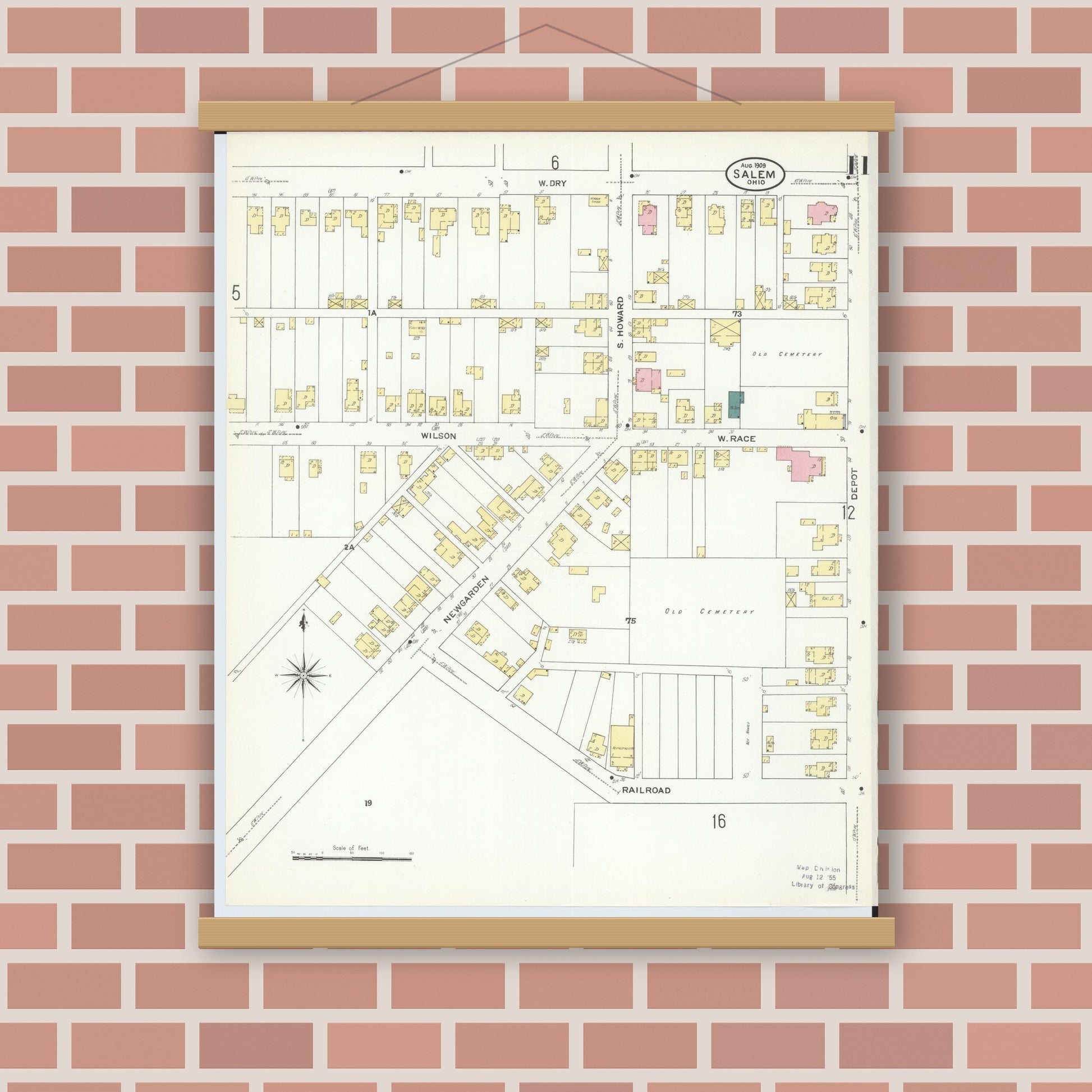 Old map wall art mockup — magnetic wood frame on brick wall — Sanborn Fire Insurance Map from Salem, Columbiana County, Ohio (1909), Sheet #0011