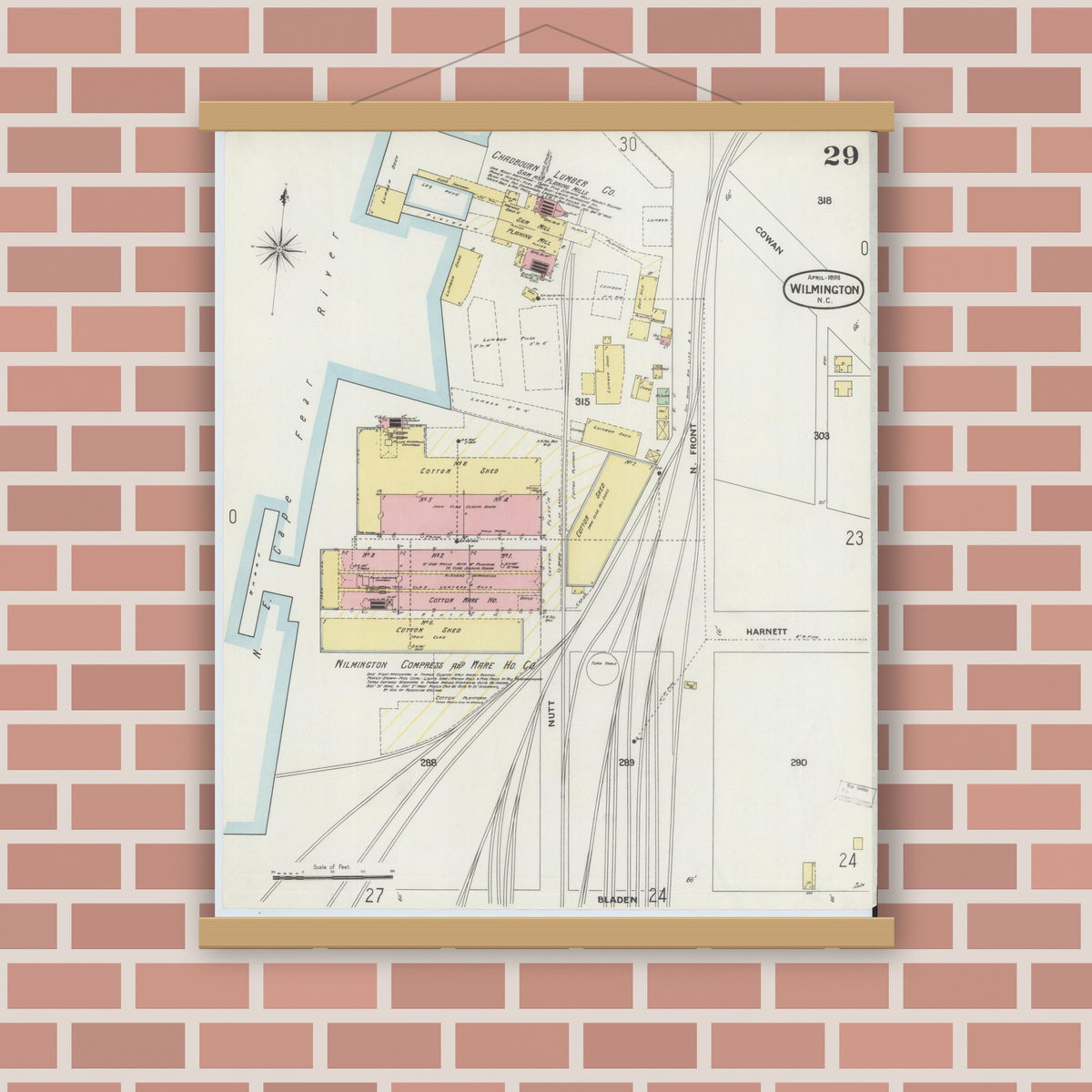 Old map wall art mockup — magnetic wood frame on brick wall — Sanborn Fire Insurance Map from Wilmington, New Hanover County, North Carolina (1898), Sheet #0029