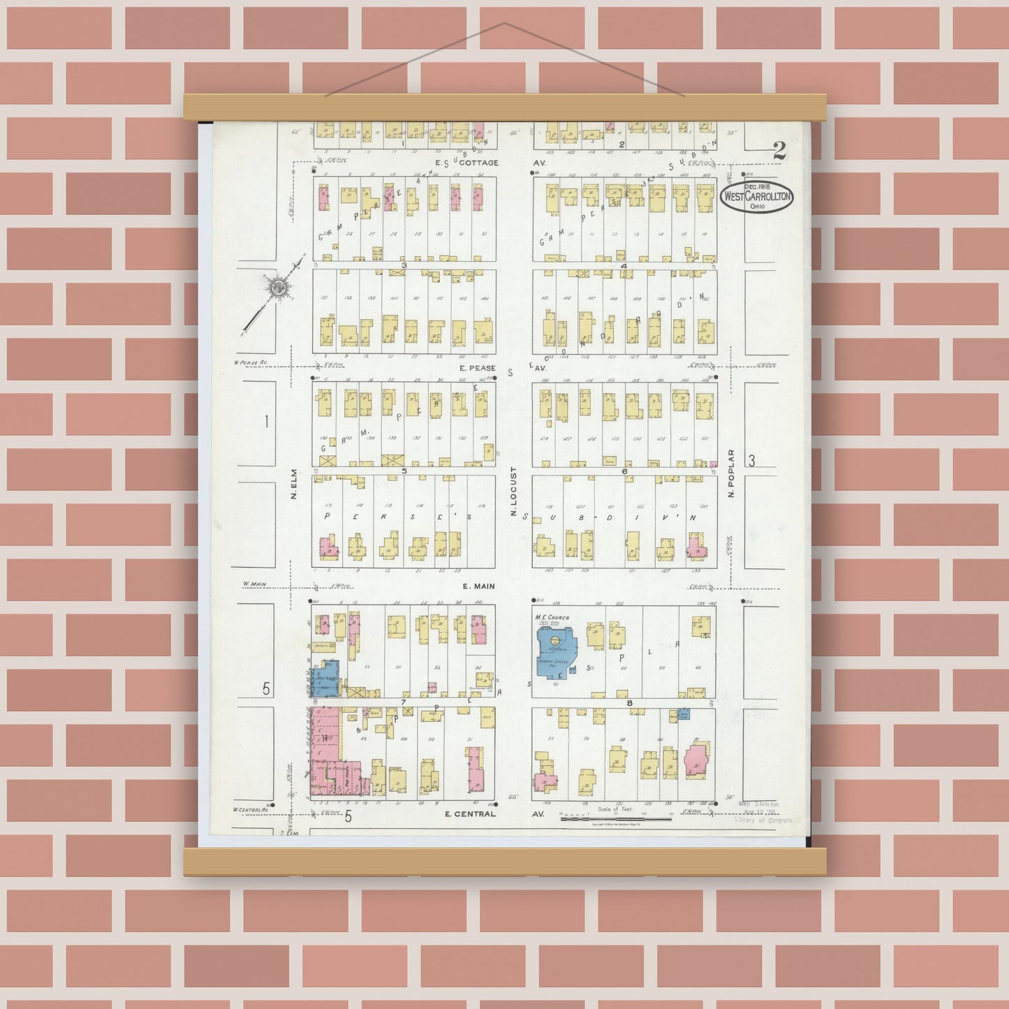 Old map wall art mockup — magnetic wood frame on brick wall — Sanborn Fire Insurance Map from West Carrollton, Montgomery County, Ohio (1918), Sheet #0002